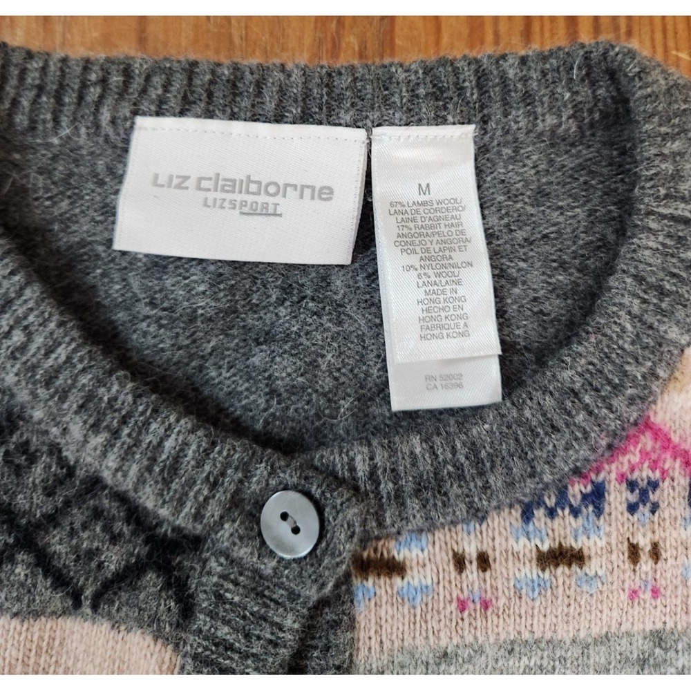 Liz Claiborne Sport Patchwork Cardigan Sweater Gray Wool Rabbit Hair Angora Med - Picture 4 of 11